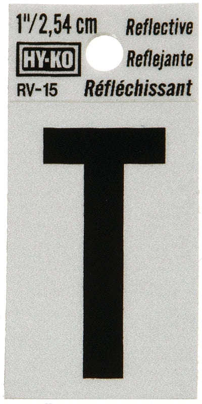 Hy-Ko RV-15 Series RV-15/T Self-Adhesive Reflective Letter, Character: T, 1 in H Character, Black Character, Vinyl, Pack of 10