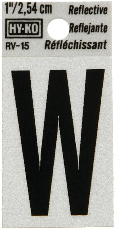 Hy-Ko RV-15/W Reflective Letter, Character: W, 1 in H Character, Black Character, Silver Background, Vinyl, Pack of 10