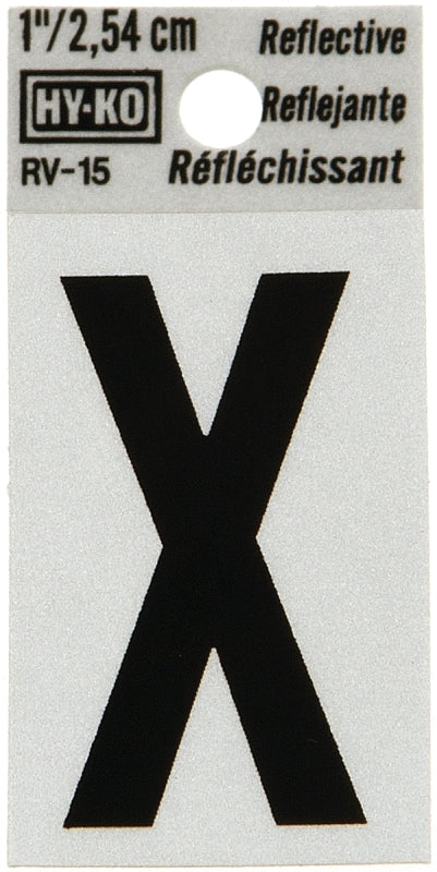Hy-Ko RV-15/X Reflective Letter, Character: X, 1 in H Character, Black Character, Silver Background, Vinyl, Pack of 10