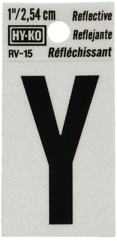 Hy-Ko RV-15/Y Reflective Letter, Character: Y, 1 in H Character, Black Character, Silver Background, Vinyl, Pack of 10