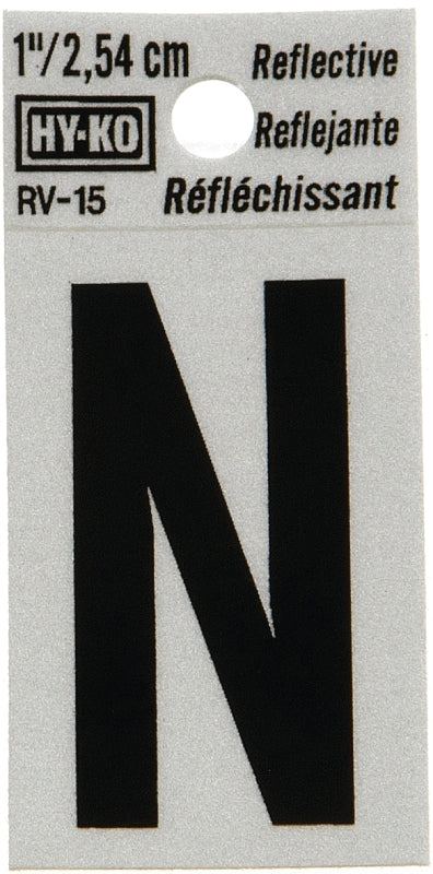 Hy-Ko RV-15/N Reflective Letter, Character: N, 1 in H Character, Black Character, Silver Background, Vinyl, Pack of 10