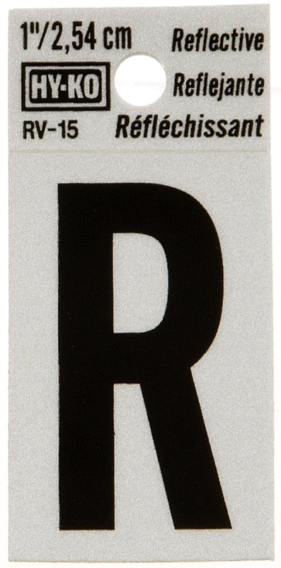 Hy-Ko RV-15/R Reflective Letter, Character: R, 1 in H Character, Black Character, Silver Background, Vinyl, Pack of 10