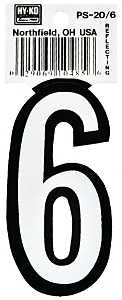Hy-Ko PS-20/6 Reflective Sign, Character: 6, 3-1/4 in H Character, Black/White Character, Vinyl, Pack of 10