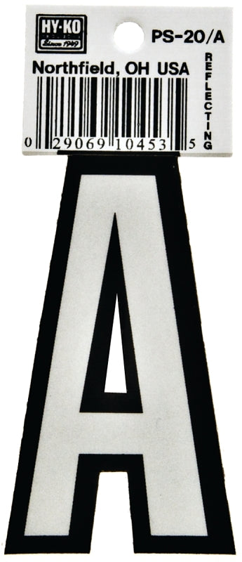 Hy-Ko PS-20 Series PS-20/A Die-Cut Reflective Letter, Character: A, 3-1/4 in H Character, Black/White Character, Vinyl, Pack of 10