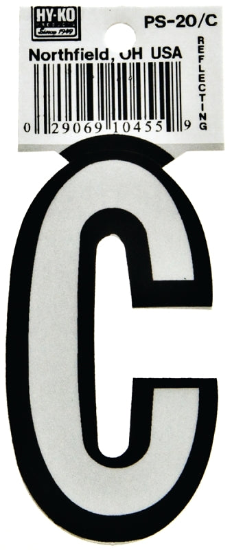 Hy-Ko PS-20 Series PS-20/C Die-Cut Reflective Letter, Character: C, 3-1/4 in H Character, Black/White Character, Vinyl, Pack of 10