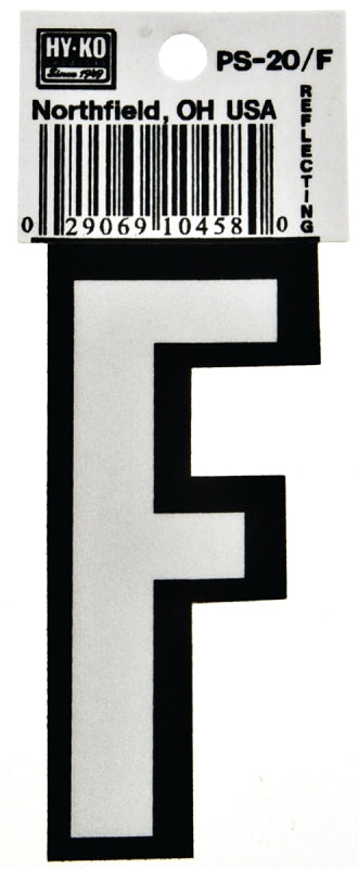 Hy-Ko PS-20/F Reflective Letter, Character: F, 3-1/4 in H Character, Black/White Character, Vinyl, Pack of 10
