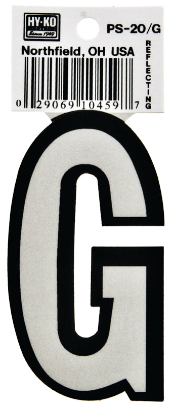 Hy-Ko PS-20 Series PS-20/G Die-Cut Reflective Letter, Character: G, 3-1/4 in H Character, Black/White Character, Vinyl, Pack of 10