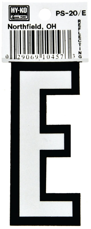 Hy-Ko PS-20 Series PS-20/E Die-Cut Reflective Letter, Character: E, 3-1/4 in H Character, Black/White Character, Vinyl, Pack of 10