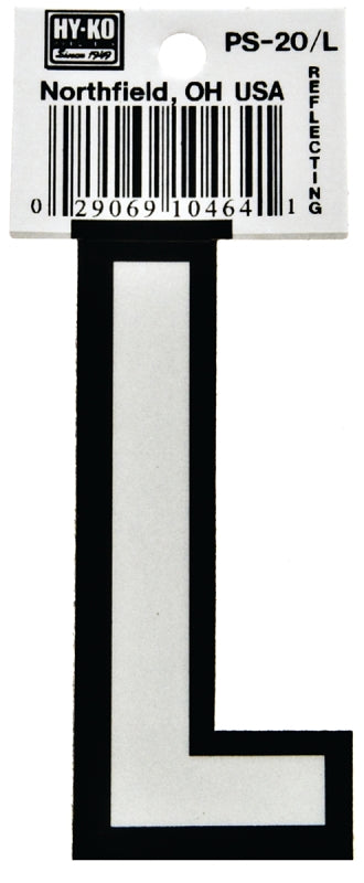 Hy-Ko PS-20 Series PS-20/L Die-Cut Reflective Letter, Character: L, 3-1/4 in H Character, Black/White Character, Vinyl, Pack of 10