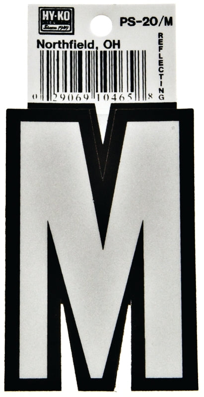 Hy-Ko PS-20 Series PS-20/M Die-Cut Reflective Letter, Character: M, 3-1/4 in H Character, Black/White Character, Vinyl, Pack of 10
