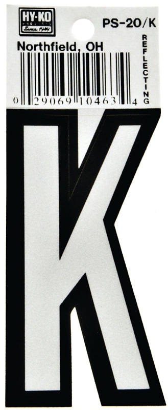Hy-Ko PS-20 Series PS-20/K Die-Cut Reflective Letter, Character: K, 3-1/4 in H Character, Black/White Character, Vinyl, Pack of 10