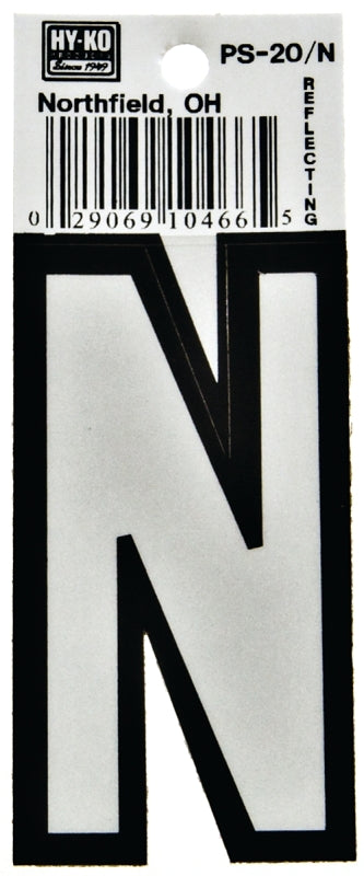 Hy-Ko PS-20 Series PS-20/N Die-Cut Reflective Letter, Character: N, 3-1/4 in H Character, Black/White Character, Vinyl, Pack of 10