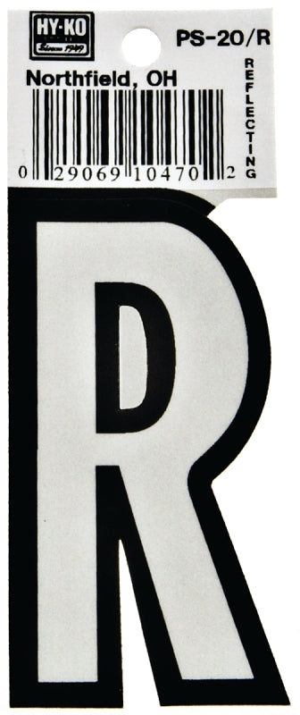 Hy-Ko PS-20 Series PS-20/R Die-Cut Reflective Letter, Character: R, 3-1/4 in H Character, Black/White Character, Vinyl, Pack of 10