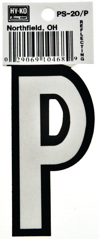 Hy-Ko PS-20 Series PS-20/P Die-Cut Reflective Letter, Character: P, 3-1/4 in H Character, Black/White Character, Vinyl, Pack of 10