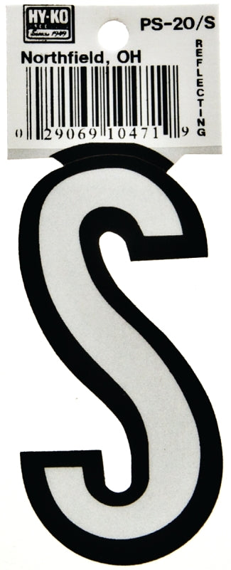 Hy-Ko PS-20 Series PS-20/S Die-Cut Reflective Letter, Character: S, 3-1/4 in H Character, Black/White Character, Vinyl, Pack of 10
