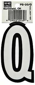 Hy-Ko PS-20/Q Reflective Letter, Character: Q, 3-1/4 in H Character, Black/White Character, Vinyl, Pack of 10