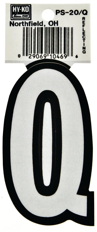 Hy-Ko PS-20/Q Reflective Letter, Character: Q, 3-1/4 in H Character, Black/White Character, Vinyl, Pack of 10