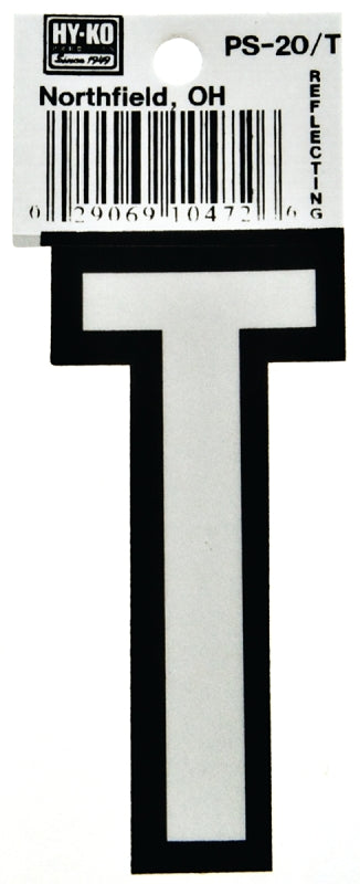 Hy-Ko PS-20 Series PS-20/T Die-Cut Reflective Letter, Character: T, 3-1/4 in H Character, Black/White Character, Vinyl, Pack of 10