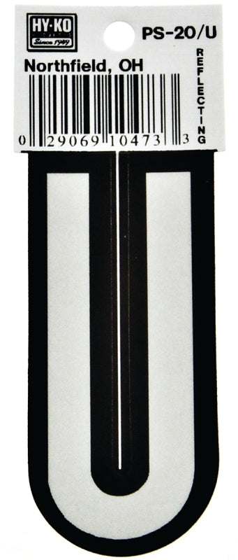 Hy-Ko PS-20 Series PS-20/U Die-Cut Reflective Letter, Character: U, 3-1/4 in H Character, Black/White Character, Vinyl, Pack of 10
