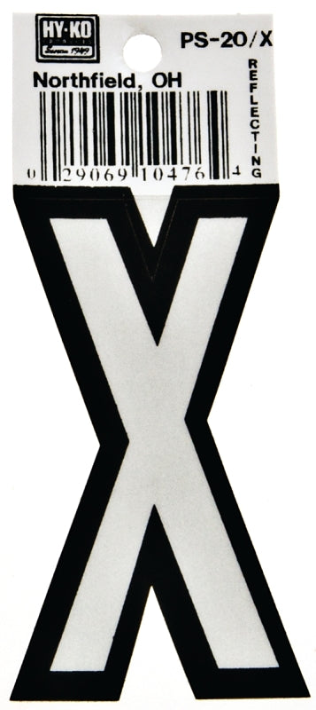 Hy-Ko PS-20 Series PS-20/X Die-Cut Reflective Letter, Character: X, 3-1/4 in H Character, Black/White Character, Vinyl, Pack of 10