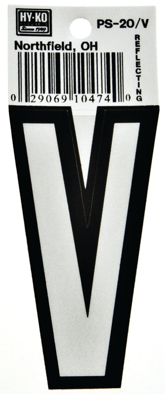 Hy-Ko PS-20 Series PS-20/V Die-Cut Reflective Letter, Character: V, 3-1/4 in H Character, Black/White Character, Vinyl, Pack of 10