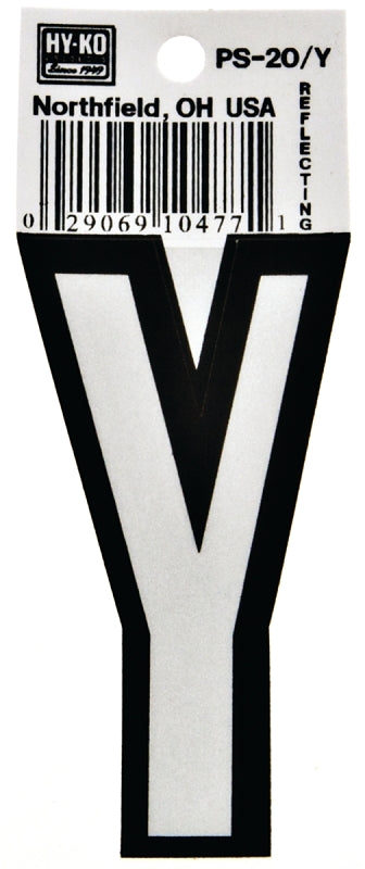 Hy-Ko PS-20 Series PS-20/Y Die-Cut Reflective Letter, Character: Y, 3-1/4 in H Character, Black/White Character, Vinyl, Pack of 10