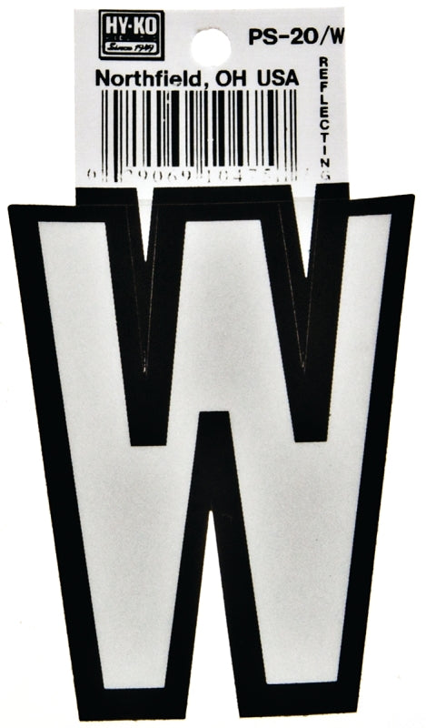 Hy-Ko PS-20 Series PS-20/W Die-Cut Reflective Letter, Character: W, 3-1/4 in H Character, Black/White Character, Vinyl, Pack of 10