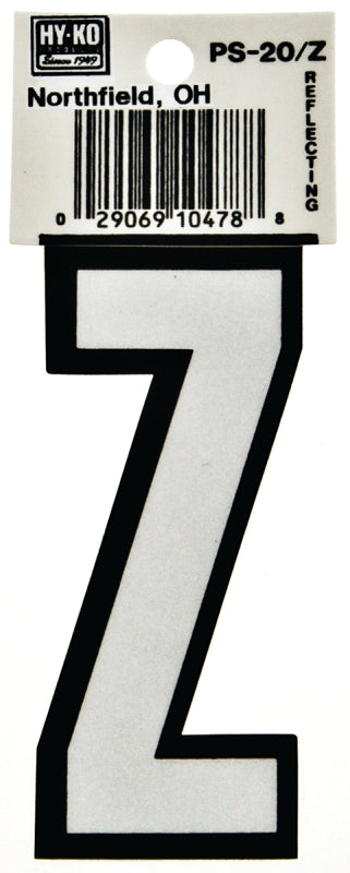 Hy-Ko PS-20 Series PS-20/Z Die-Cut Reflective Letter, Character: Z, 3-1/4 in H Character, Black/White Character, Vinyl, Pack of 10