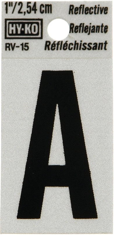 Hy-Ko RV-15/A Reflective Letter, Character: A, 1 in H Character, Black Character, Silver Background, Vinyl, Pack of 10