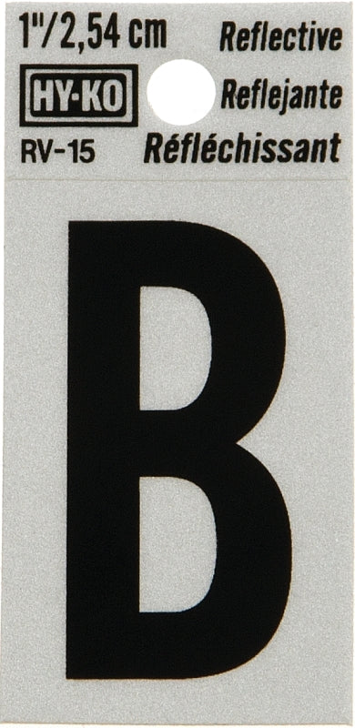 Hy-Ko RV-15/B Reflective Letter, Character: B, 1 in H Character, Black Character, Silver Background, Vinyl, Pack of 10
