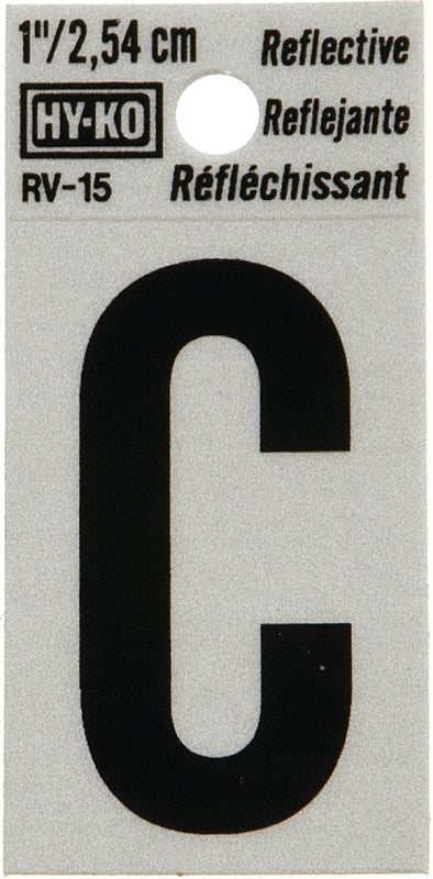 Hy-Ko RV-15/C Reflective Letter, Character: C, 1 in H Character, Black Character, Silver Background, Vinyl, Pack of 10