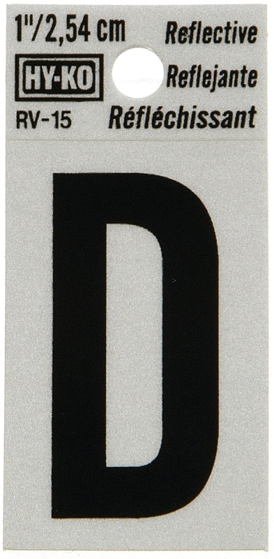 Hy-Ko RV-15/D Reflective Letter, Character: D, 1 in H Character, Black Character, Silver Background, Vinyl, Pack of 10