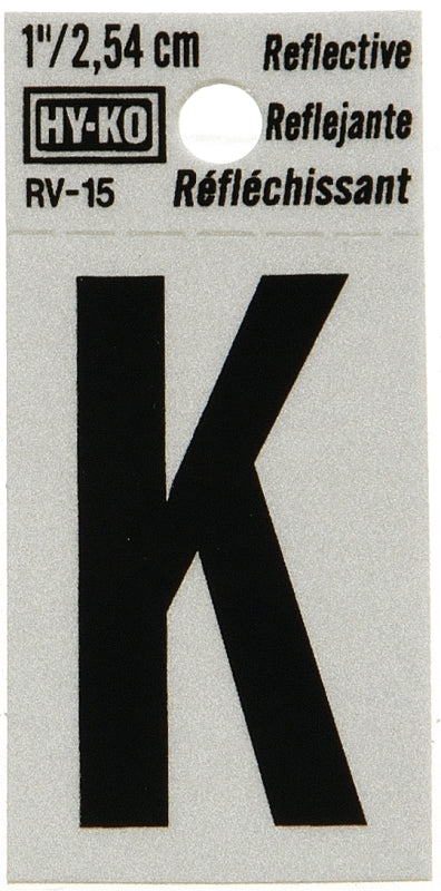 Hy-Ko RV-15/K Reflective Letter, Character: K, 1 in H Character, Black Character, Silver Background, Vinyl, Pack of 10