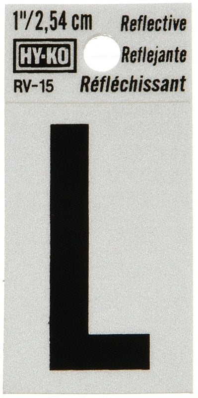 Hy-Ko RV-15/L Reflective Letter, Character: L, 1 in H Character, Black Character, Silver Background, Vinyl, Pack of 10