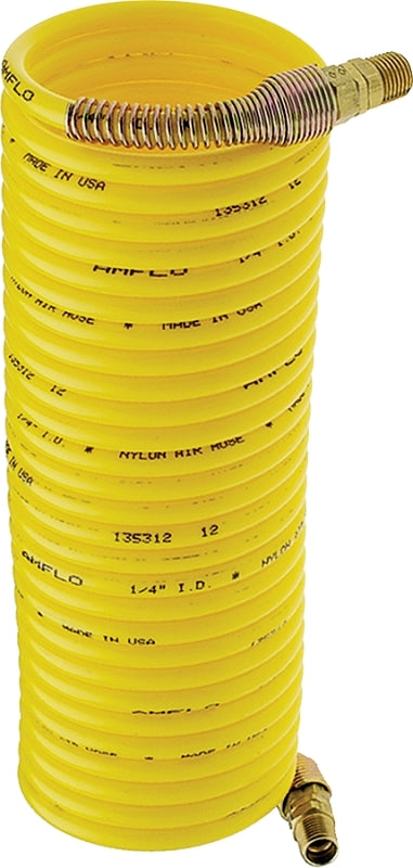 Amflo 4-25E-RET Recoil Air Hose, 1/4 in OD, 25 ft L, MNPT, 200 psi Pressure, Nylon, Yellow