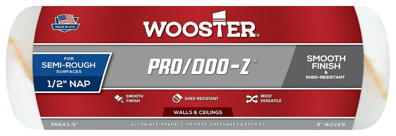 Wooster Pro/Doo-Z RR643-9 Roller Cover, 1/2 in Thick Nap, 9 in L, Fabric Cover, White