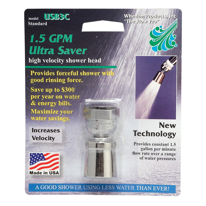 Whedon Ultra Saver Series USB3C Showerhead, 1.5 gpm, 1/2 in Connection, Female, Brass, Chrome-Plated, 1 in Dia