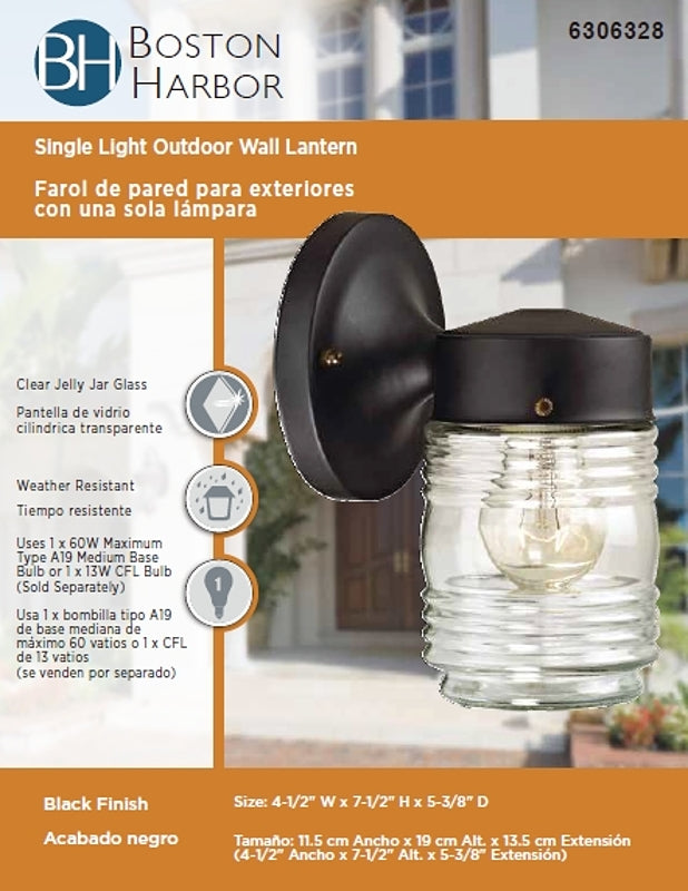Boston Harbor W15BK01-33883L Outdoor Lantern, 120 V, 60 W, CFL Lamp, Steel Fixture, Black, Black Fixture
