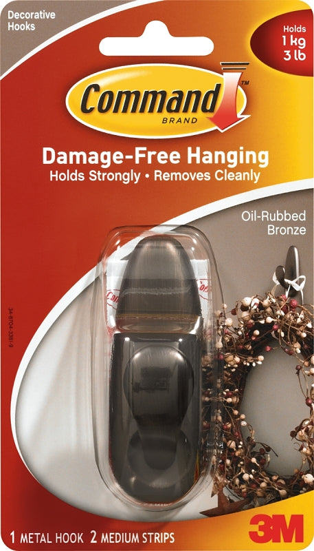 Command Forever Classic Series FC12-ORB Decorative Hook, 11/16 in Opening, 3 lb, 1 -Hook, Metal, Oil-Rubbed Bronze