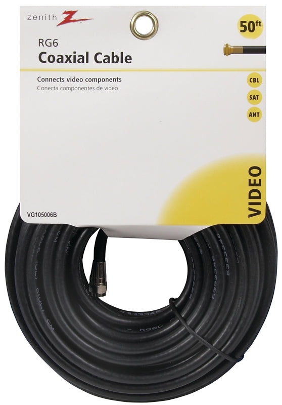 Zenith VG105006B RG6 Coaxial Cable, F-Type, F-Type, Black Sheath, 50 ft L