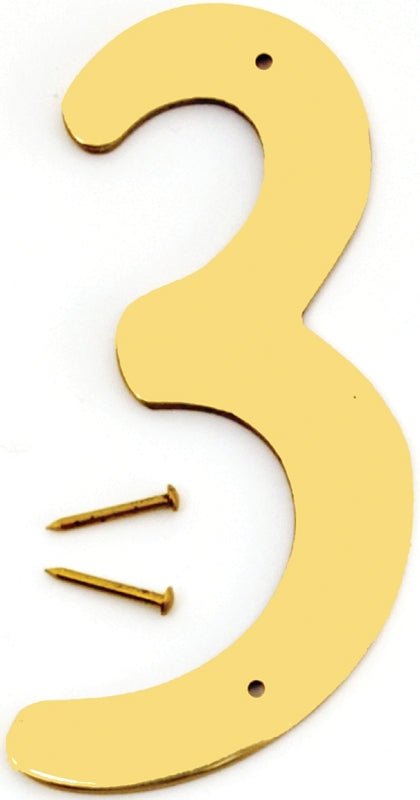 Hy-Ko BR-40/3 House Number, 3 in W x 6-3/4 in H Dimensions, Character: 3, 4 in H Character, 2-1/2 in W Character, Brass