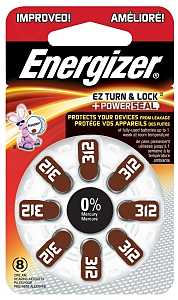 Energizer 312 Series AZ312DP-8 Non-Rechargeable Hearing Aid Battery, 1.4 V Battery, 155 mAh, Zinc-Air