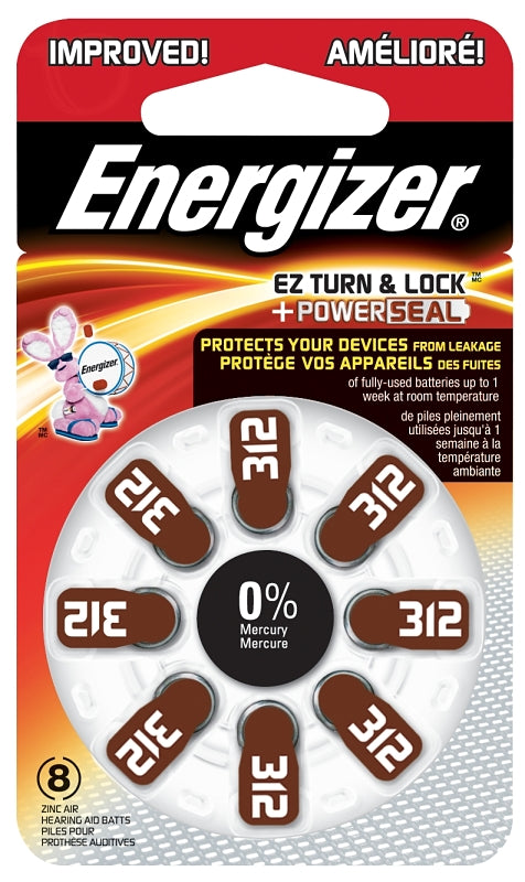 Energizer 312 Series AZ312DP-8 Non-Rechargeable Hearing Aid Battery, 1.4 V Battery, 155 mAh, Zinc-Air