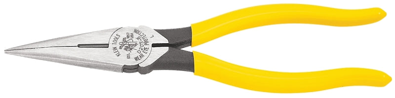 Klein Tools D203-8 Nose Plier, Knurled Jaw, 8-7/16 in OAL, 1-1/4 in Jaw Opening, Yellow Handle, Dipped Handle
