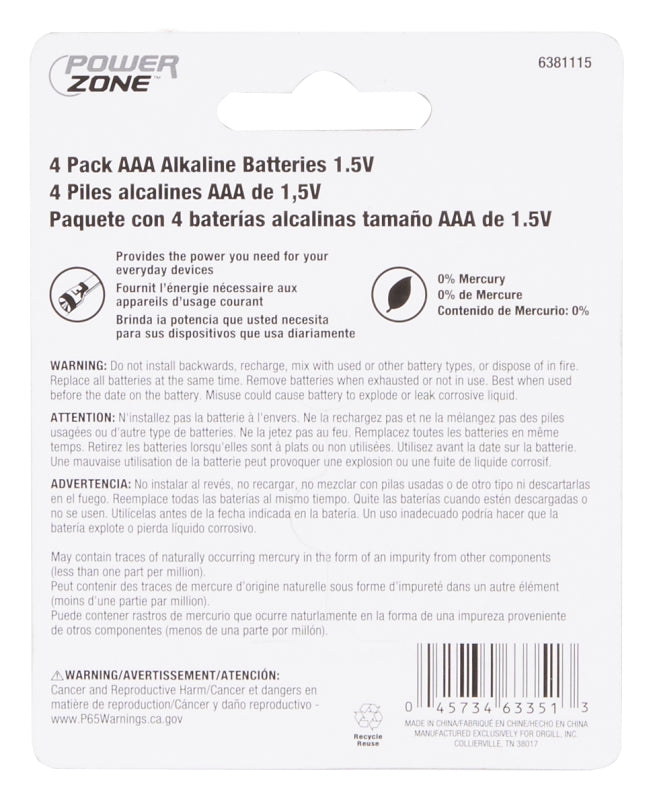 PowerZone LR03-4P-DB Battery, 1.5 V Battery, AAA Battery, Zinc, Manganese Dioxide, and Potassium Hydroxide, Pack of 22