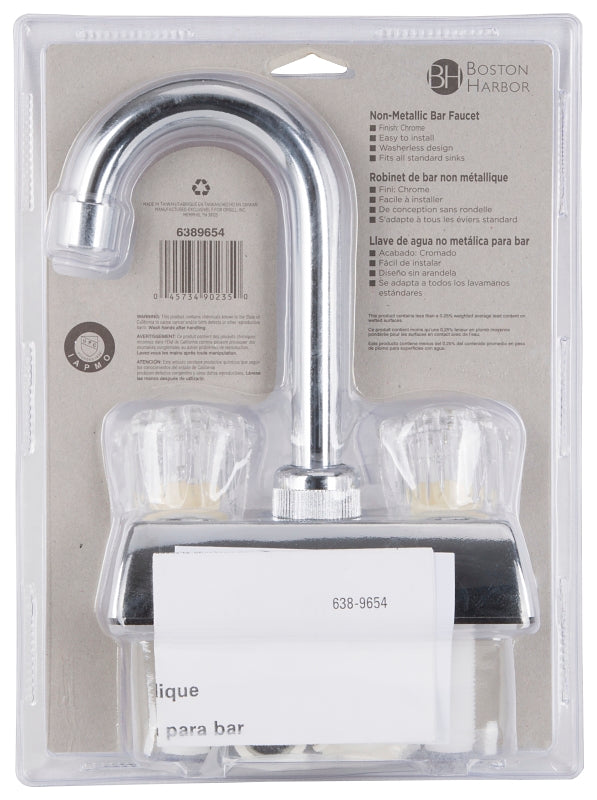 Boston Harbor PF4205A Bar Sink Faucet, 2-Faucet Handle, 2-Faucet Hole, ABS, Chrome Plated, Deck Mounting, Round Handle