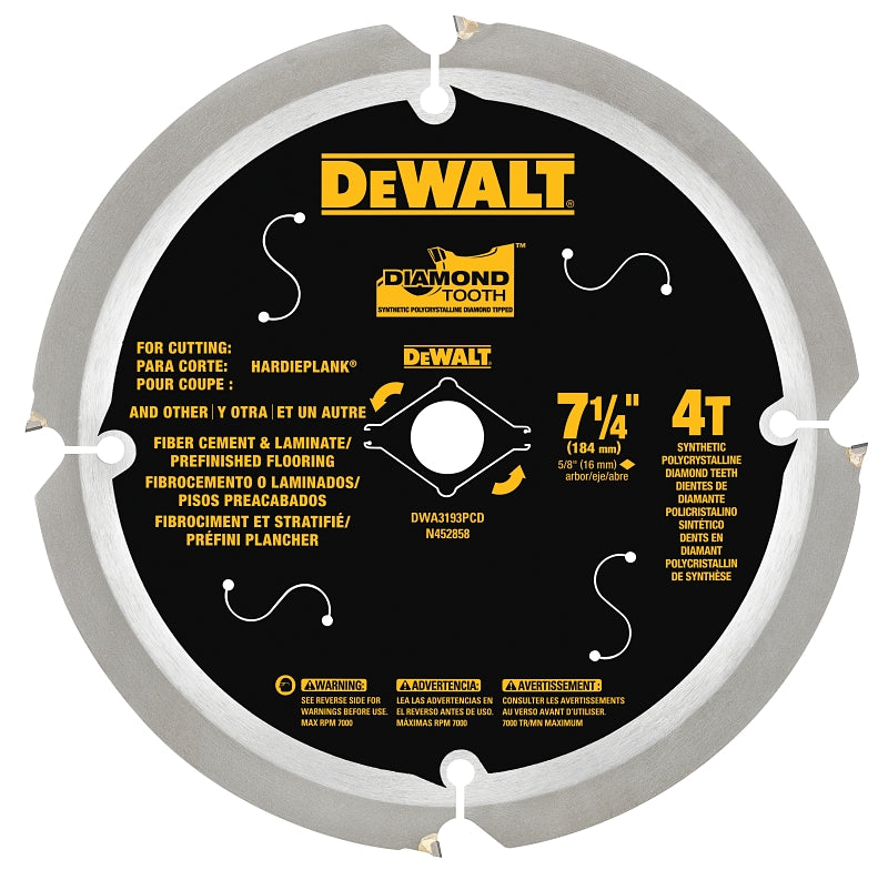 DEWALT DWA3193PCD Circular Saw Blade, 7-1/4 in Dia, 5/8 in Arbor, 4-Teeth, Diamond Cutting Edge