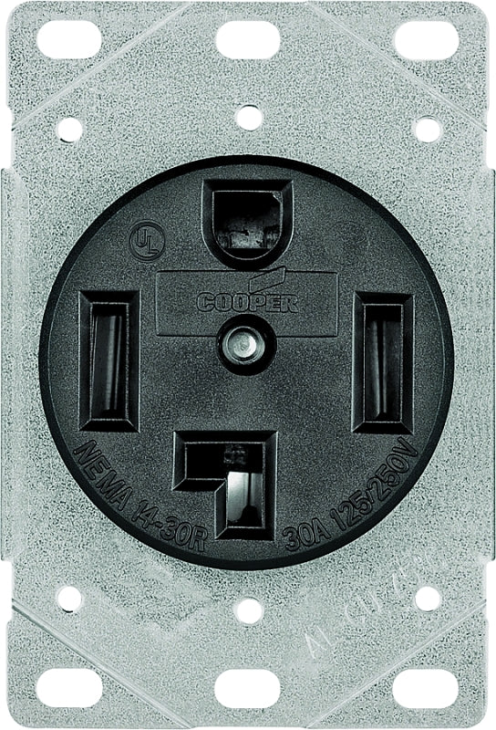 Eaton 1257-SP Power Receptacle, 3-Pole, 125/250 V, 30 A, Back Wiring, NEMA: NEMA 14-30R, Black