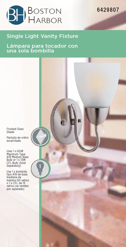 Boston Harbor A2242-73L Single Light Vanity Fixture, 120 V, 60 W, A19 or CFL Lamp, Steel Fixture, Brushed Nickel Fixture