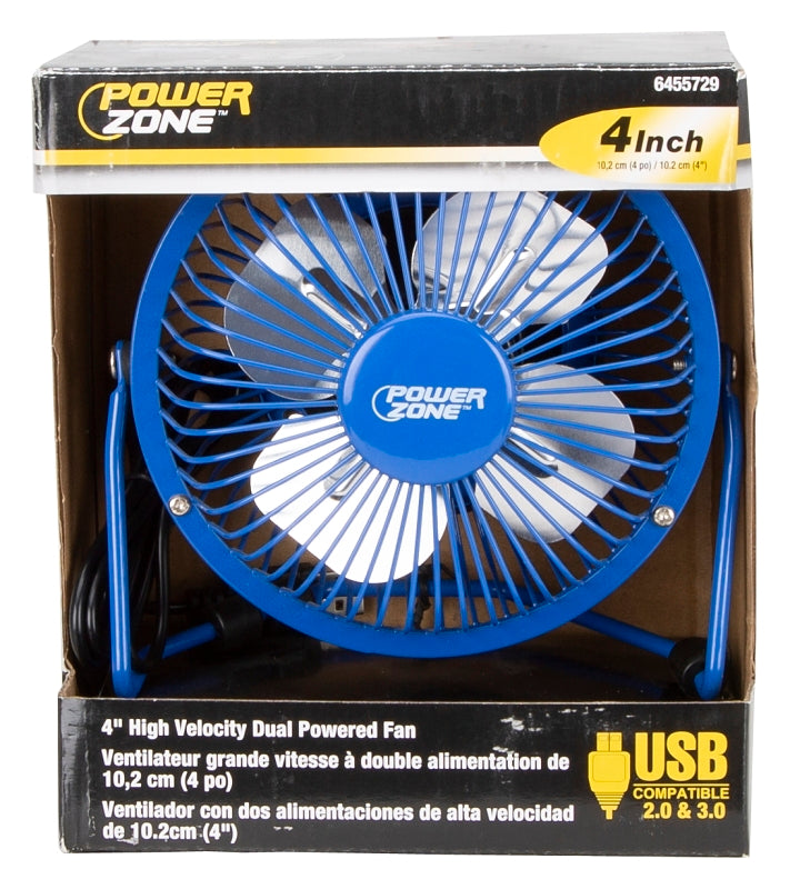 PowerZone FE-20 Personal Fan, 120 VAC, 4 in Dia Blade, 4 -Blade, 1 -Speed, 360 deg Rotating, Blue/Red/Silver